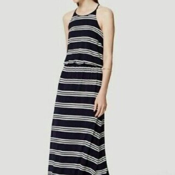 LOFT Striped Maxi Dress SIZE Medium Blue White Stretch Keyhole Button - Picture 1 of 9